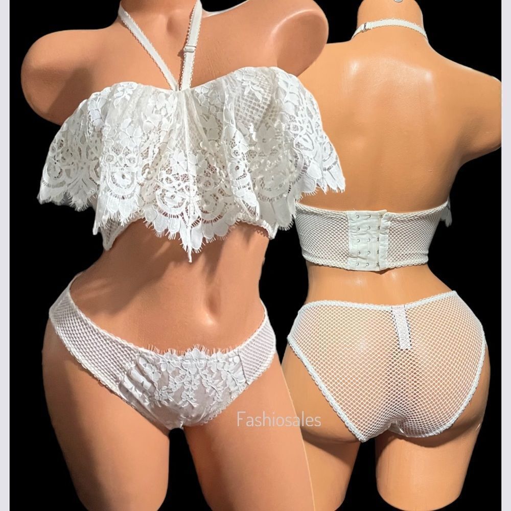 Victorias Secret Set Dream Angels Strapless Flounce bra Cheekini panty off white